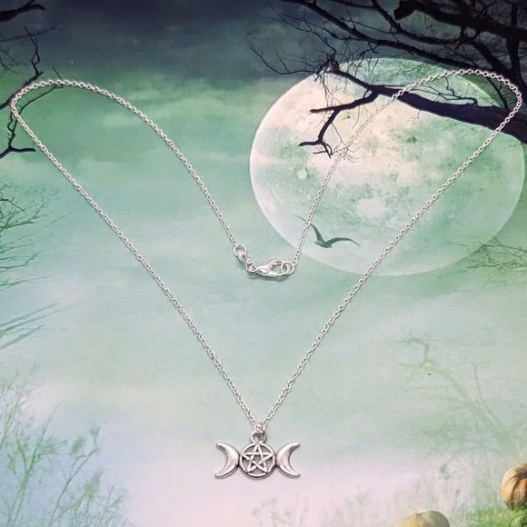 Silver Triple Goddess Moon Pentagram Wicca Necklace - Picture 2 of 3